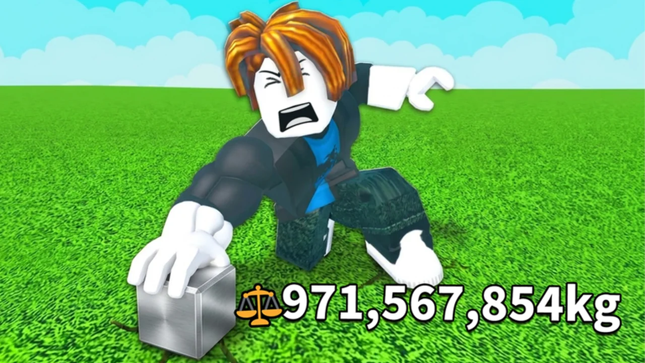 A Roblox character strains to lift a small metal cube on a grassy field.