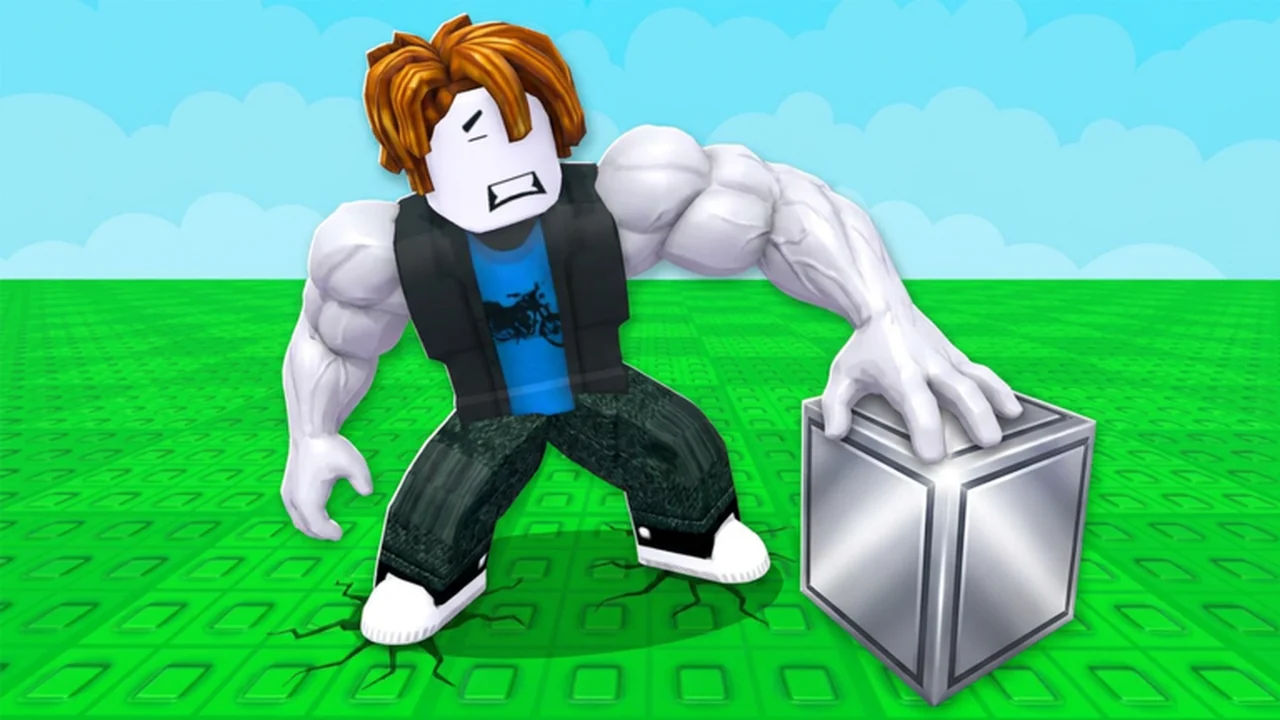 A muscular Roblox character braces one hand on a metal cube in Lift a Cube.